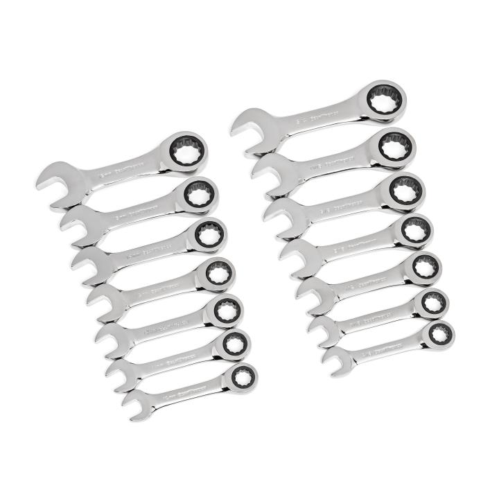 GearWrench 14-Pc 15ø Offset 12 Pt. Stubby Ratcheting Sae/Metric Combination Wrench Set 10-18MM 3/8 In. -3/4 In. - GWR-85206 | GarageAndFab.com