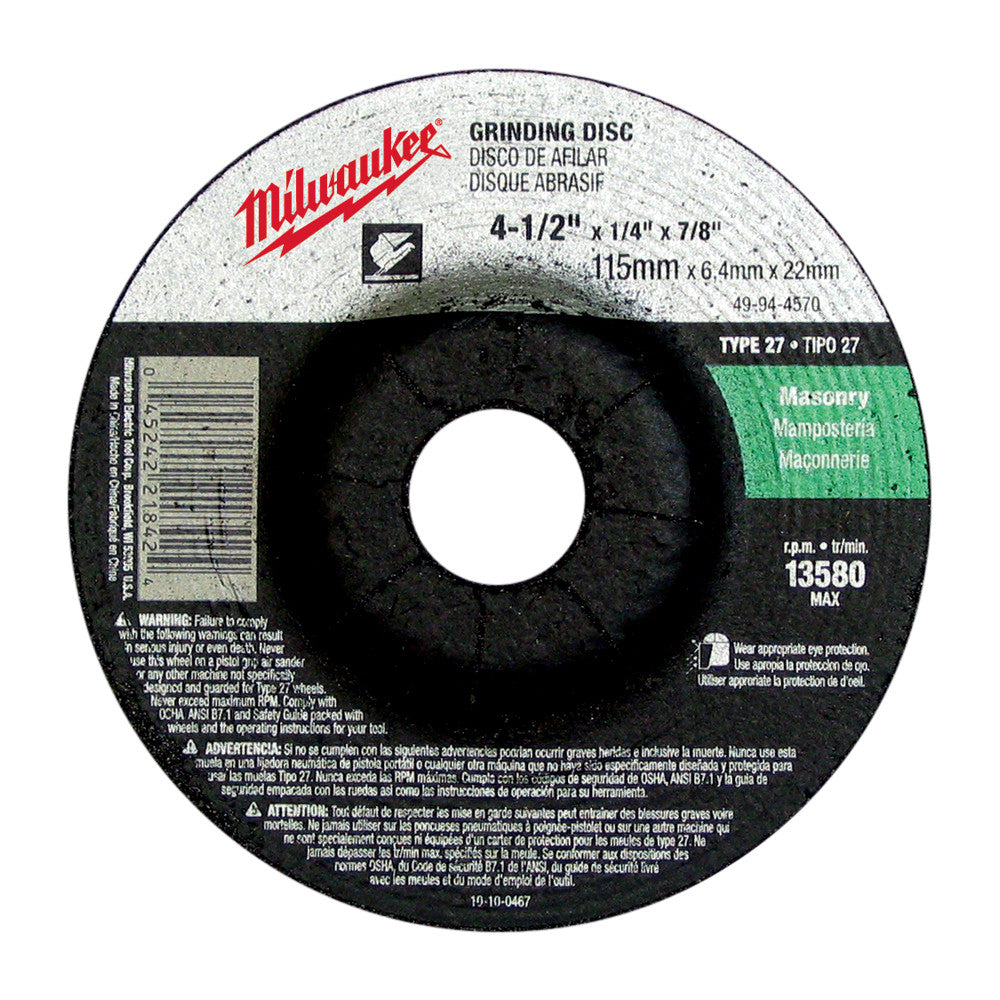 Milwaukee Electric 4-1/2X1/4X7/8 Abrsv. Whl Bulk 10 - 49-94-4570 - MLW-49-94-4570 | MFVCanada.com