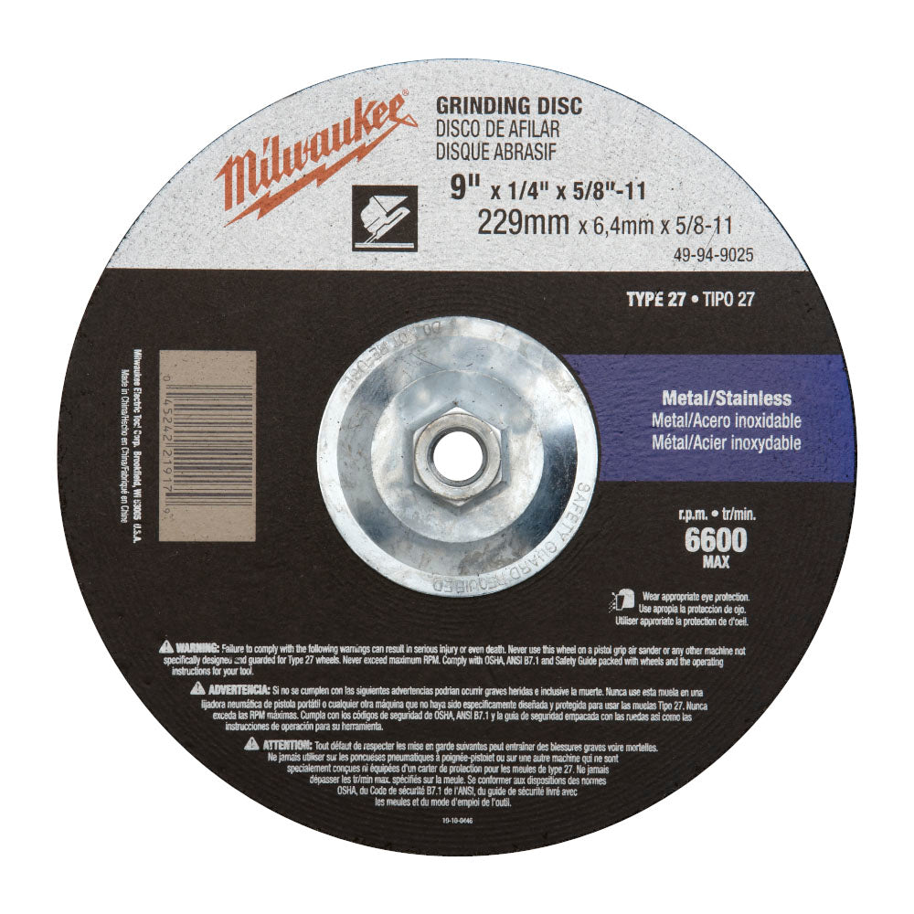 Milwaukee Electric 9X1/4X5/8-11 Grind Disc Bulk 10 - MLW-49-94-9025 | MFVCanada.com
