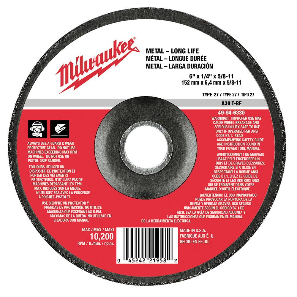 Milwaukee Electric 6X1/4X5/8-11Type27Metal Whl Bulk 5 - MLW-49-94-6330 | MFVCanada.com