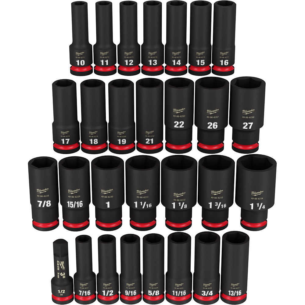 Milwaukee Electric 29-Pc 1/2" Drive, 6 Pt. Sae & Metric Deep Impact Socket Set, 10Mm-27Mm & 7/16"  1-1/4" - MLW-49-66-7016 | MFVCanada.com