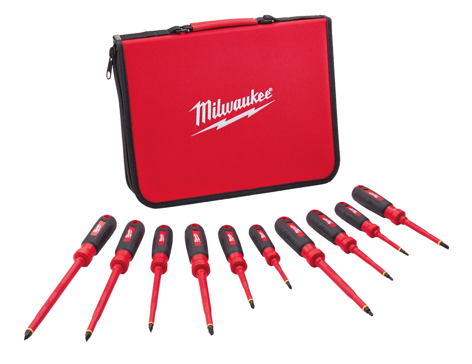 Milwaukee Electric 10-Pc 1000V Insulated Screwdriver Set - Slotted: 1/4", 5/16", 3/8"; Phillips: #1, #2, #3; Ecx: #1; Square: #1, #2, #3 - MLW-48-22-2210 | MFVCanada.com