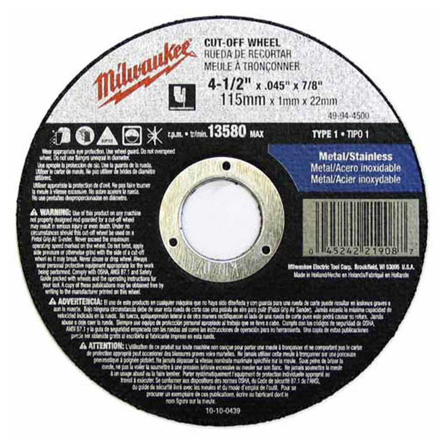 Milwaukee Electric 4-1/2X.045X7/8Type1 Wheel Bulk 25 - MLW-49-94-4500 | MFVCanada.com