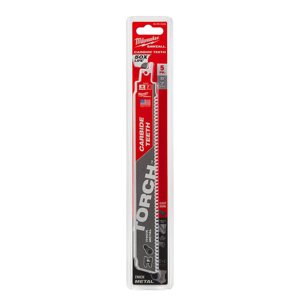 Milwaukee Electric 9" Sawzall Torch Carbide Blade, 7 Tpi, Pack Of 5 - MLW-48-00-5502 | MFVCanada.com