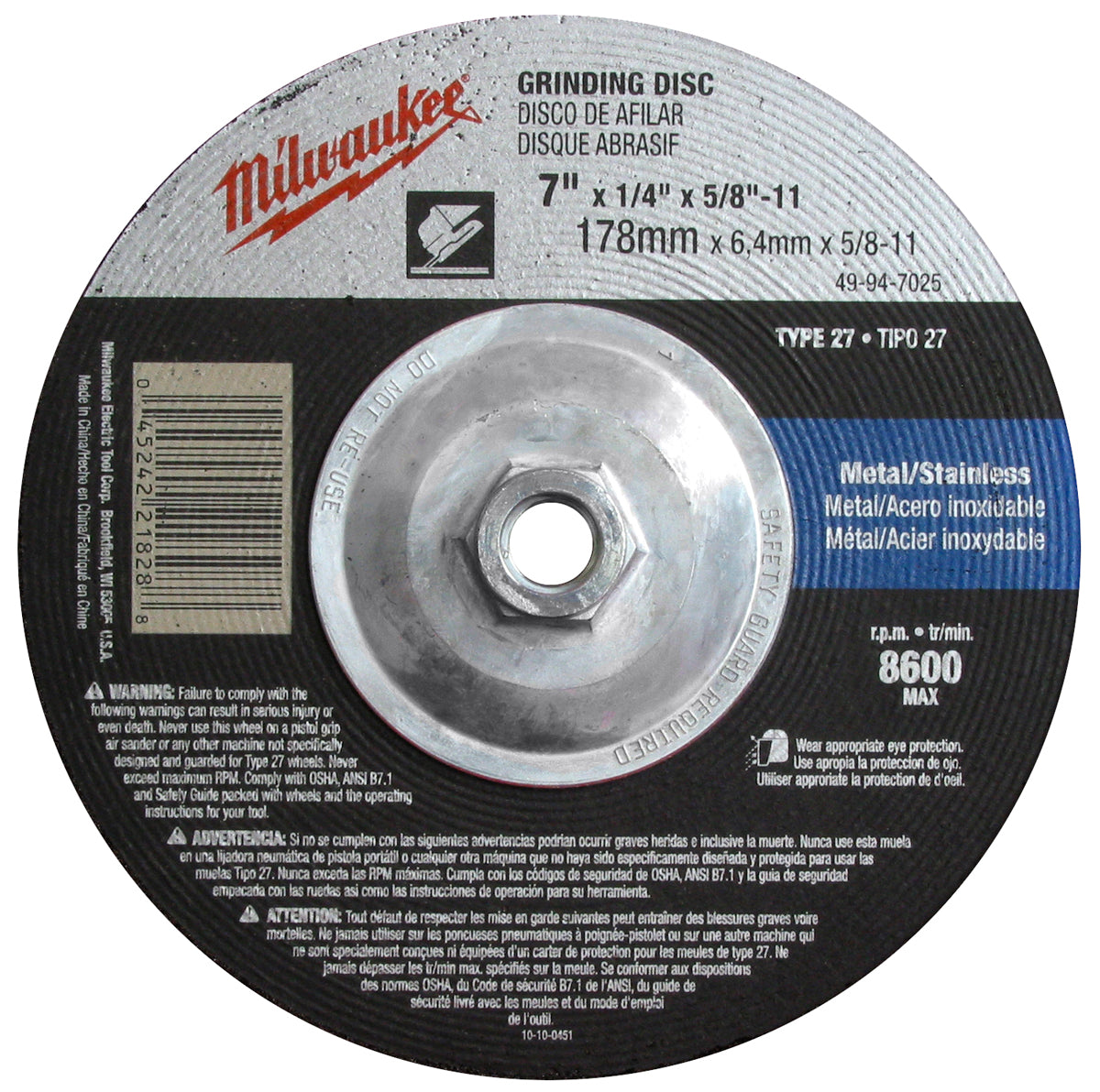 Milwaukee Electric 7 X 1/4 X 7/8 Abr. Wheel Bulk 10 - MLW-49-94-7020 | MFVCanada.com