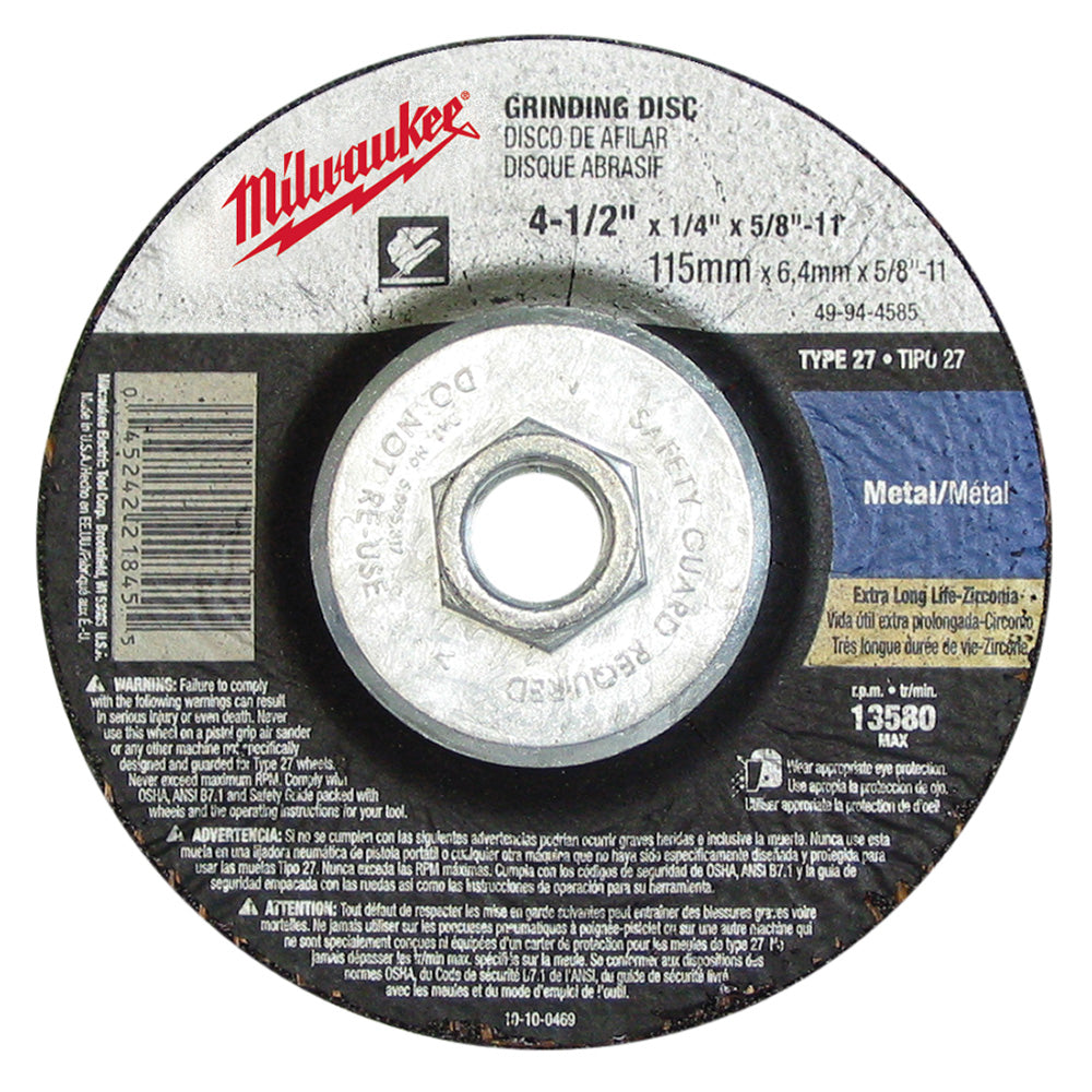 Milwaukee Electric 4-1/2X1/4X5/8-11Abrswheel Bulk 5 - MLW-49-94-4585 | MFVCanada.com