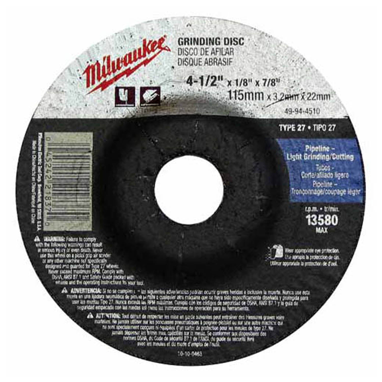 Milwaukee Electric 4-1/2X1/8X7/8 Abrsv. Whl Bulk 10 - MLW-49-94-4510 | MFVCanada.com