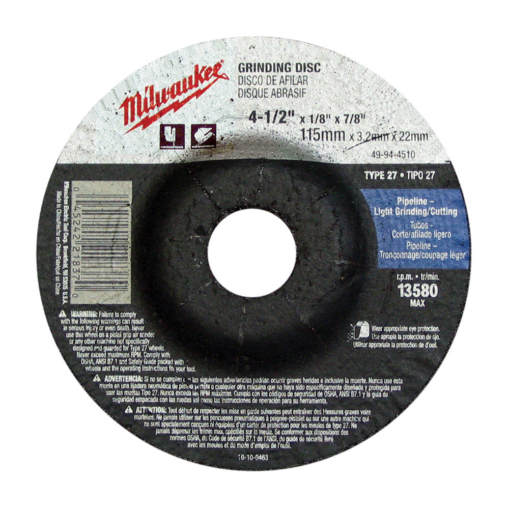 Milwaukee Electric 4-1/2X1/4X7/8 Abrsv. Whl Bulk 10 - 49-94-4580 - MLW-49-94-4580 | MFVCanada.com